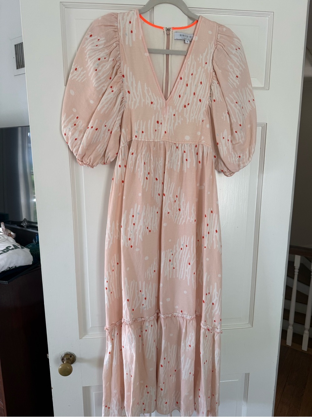 HUNTER BELL Blush Pink Puff-Sleeve Midi Dress with Red Dot Print
